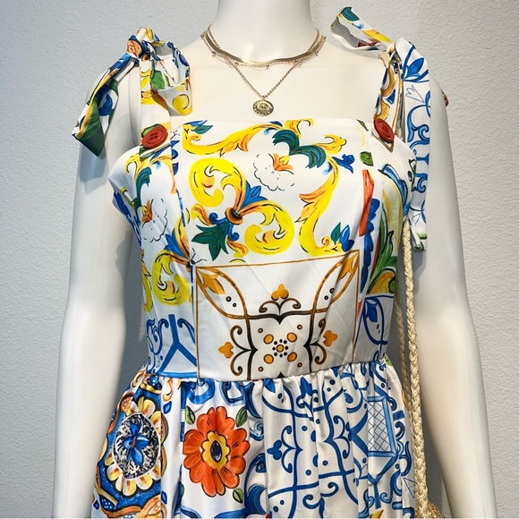 DOLCE Italian Majolica Tie Strap Maxi Sundress Painted Tile Print • Style of D&G - Picture 10 of 15